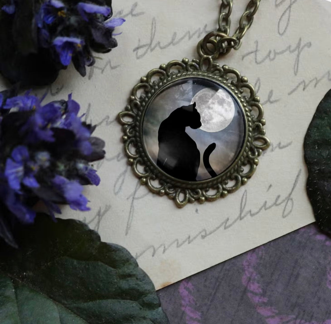 Black Cat On Full Moon Ornate Pendant Necklace