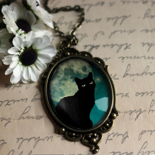 Teal Cat On Full Moon Ornate Oval Halloween Pendant Necklace