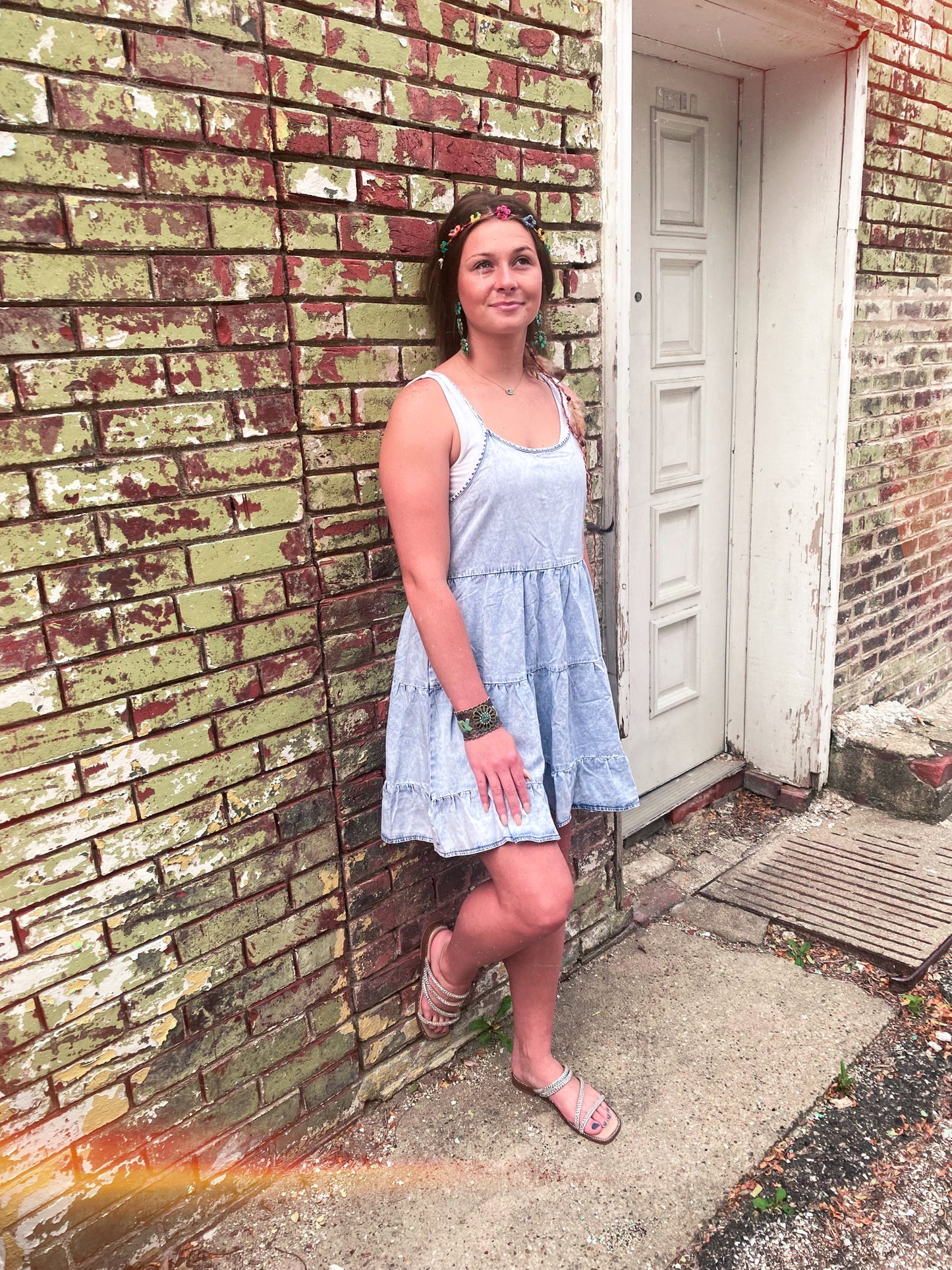 Blue Adjustable Straps Tiered Ruffle Denim Dress