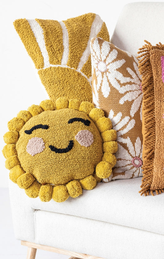 12" Round Cotton Tufted Sun Shaped Pillow