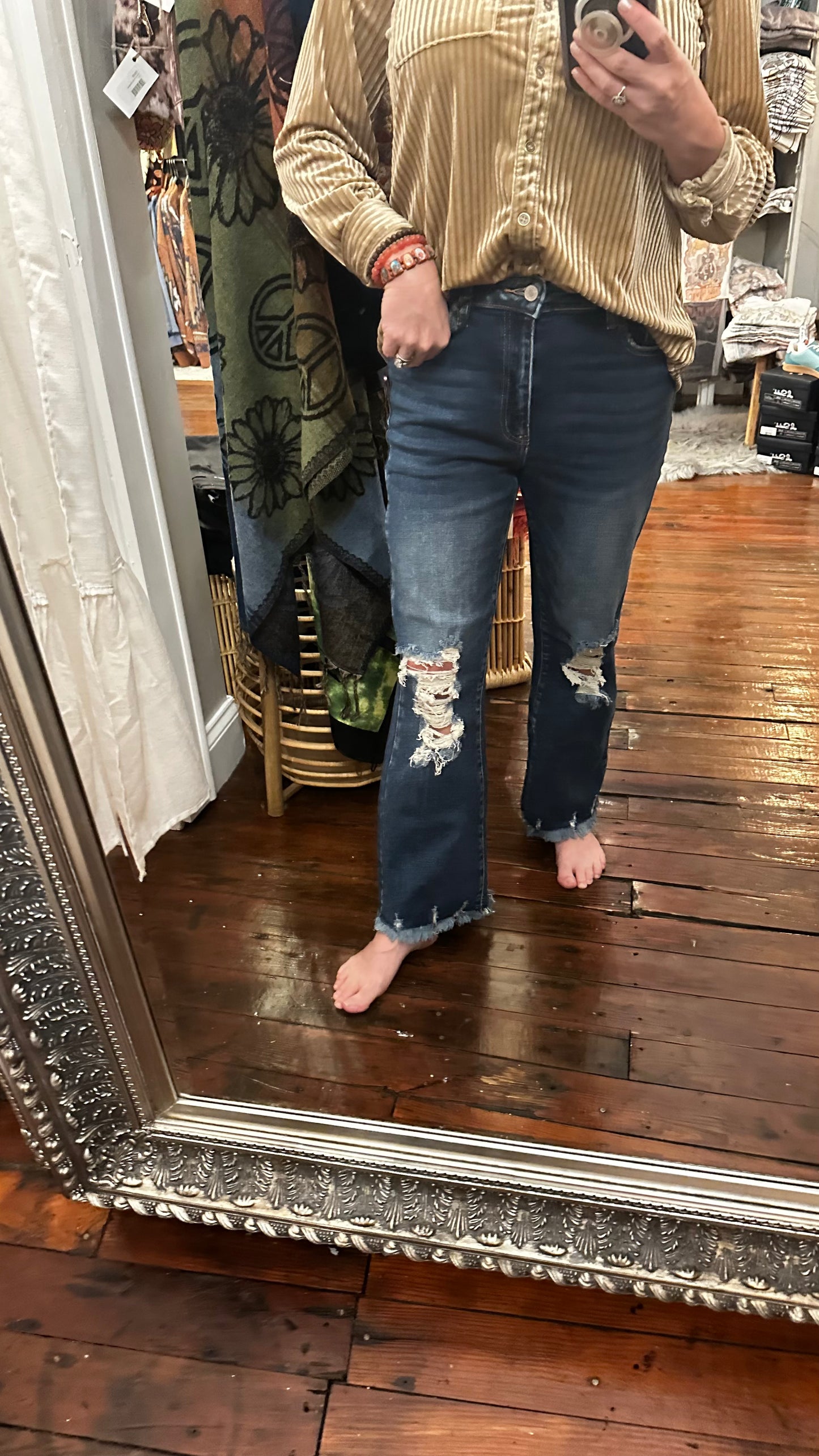 Raw hem blue jeans