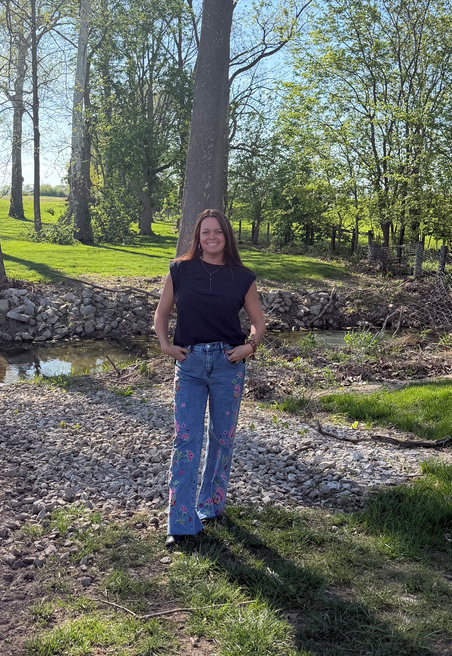 Pink poppy embroidered jeans