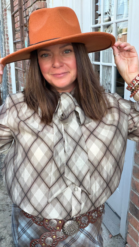 Plaid neck tie blouse