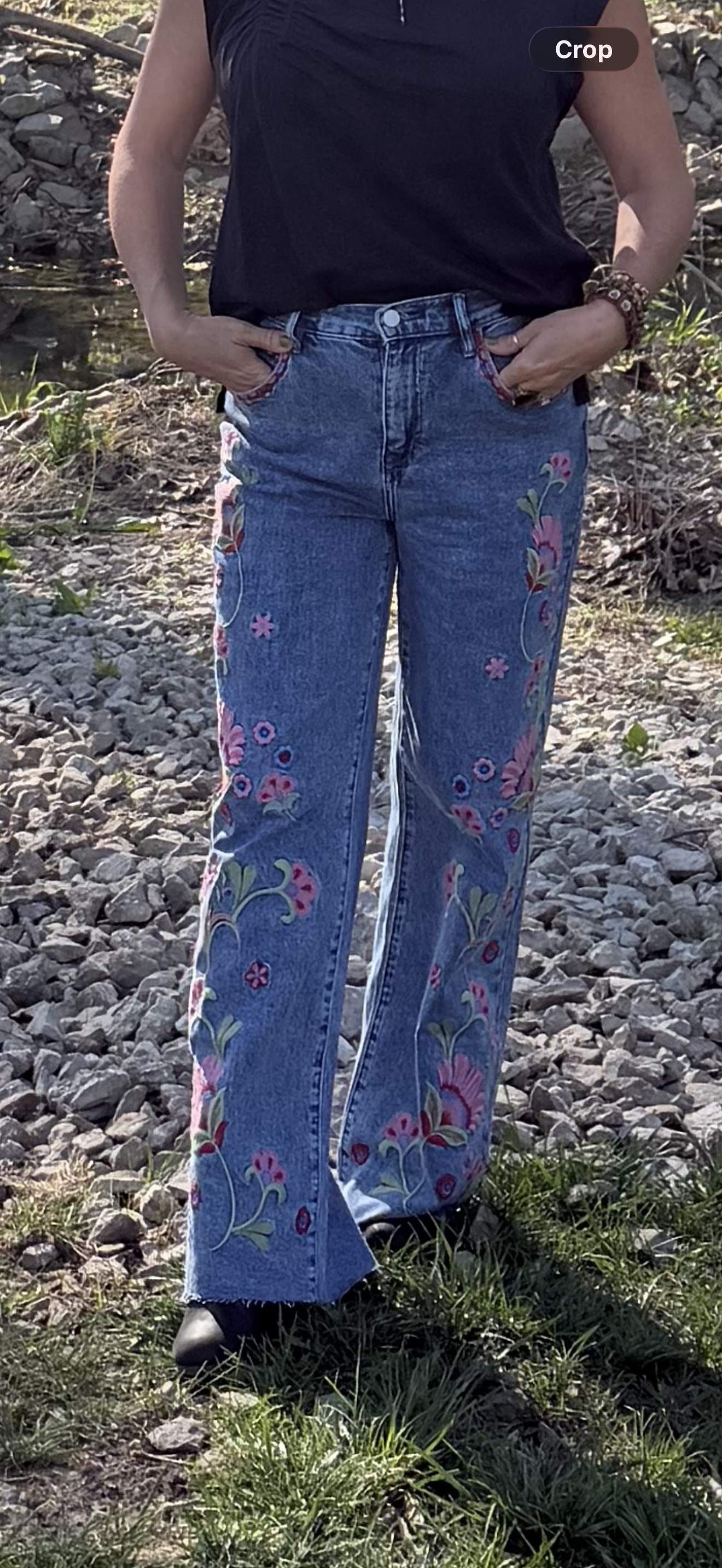 Pink poppy embroidered jeans