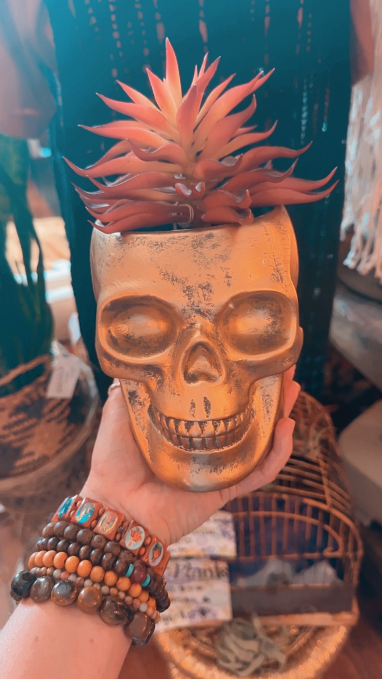 Gold skull planter