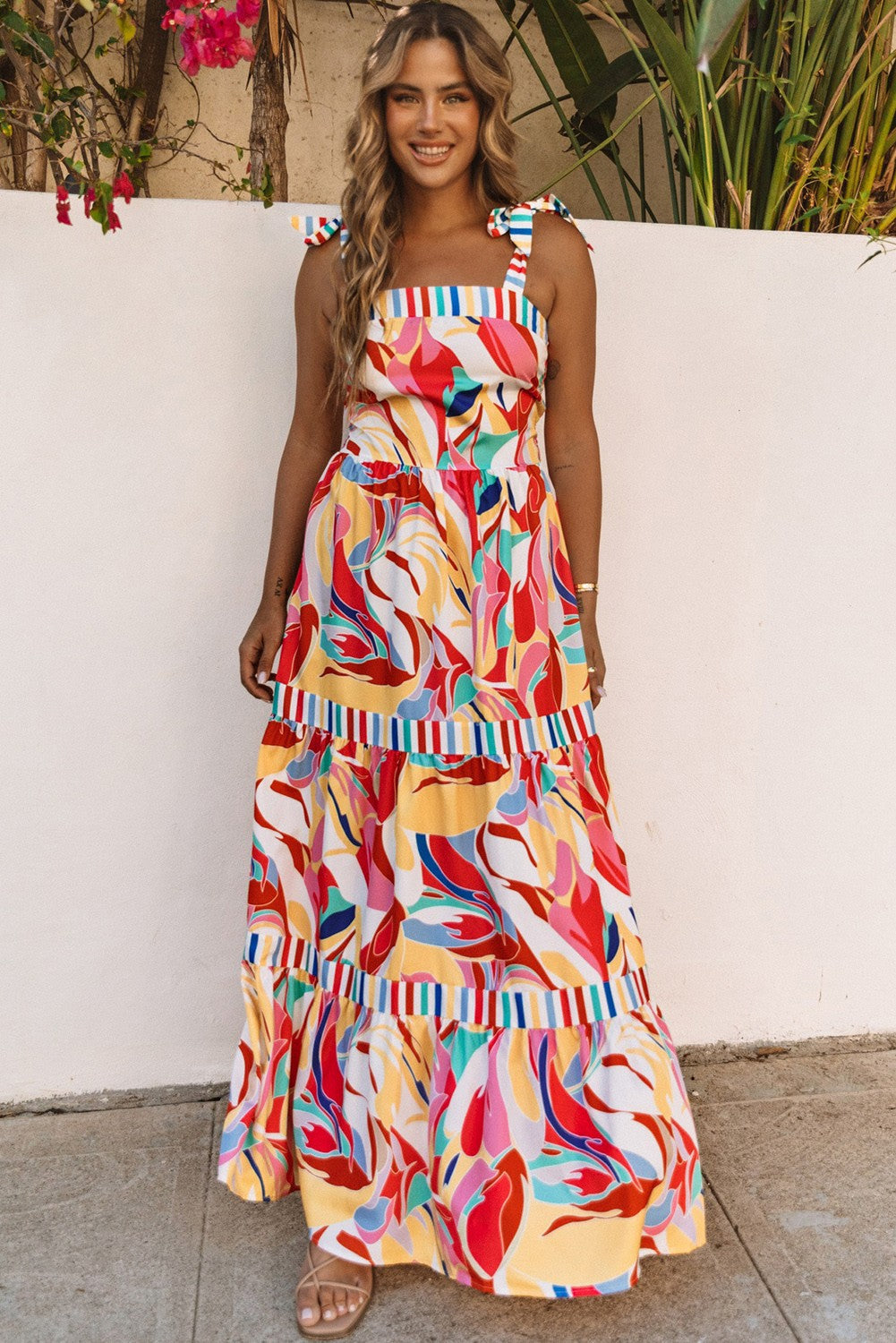Multicolor Abstract Striped Trim Maxi Sundress