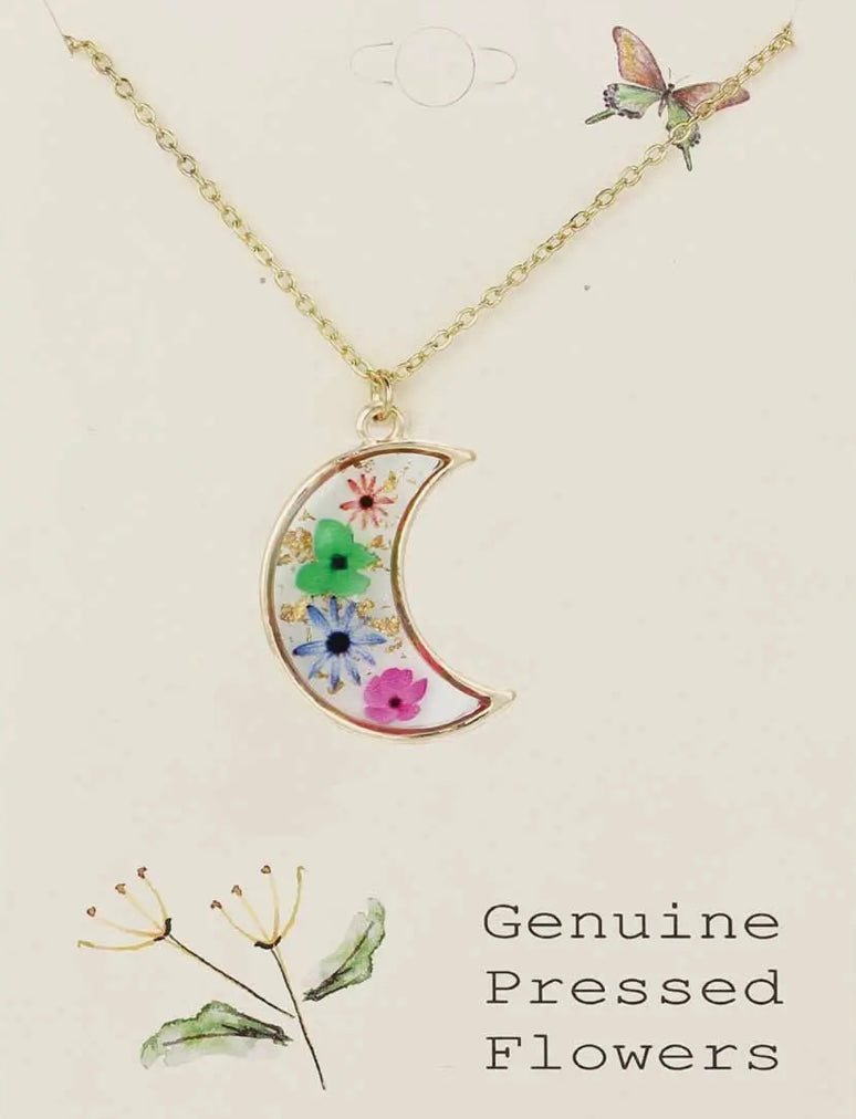 Multi Dried Flower Gold Moon Necklace