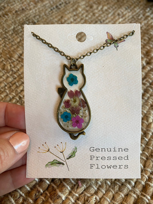 Pressed flower cat necklace