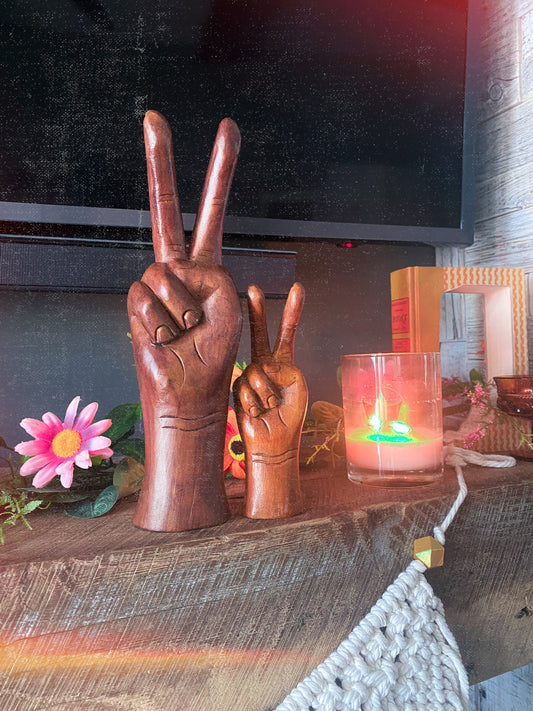Large hand carved wood peace sign