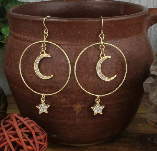 Sparkling Skies Gold Moon & Star Dangle Earring