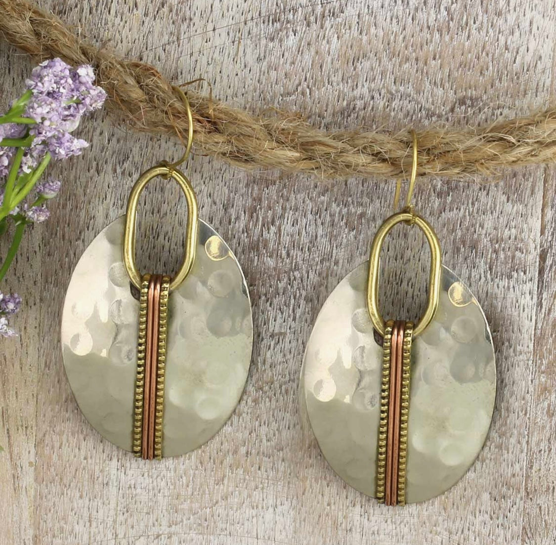 Mixed Metal Hammered Silver Oval Earring